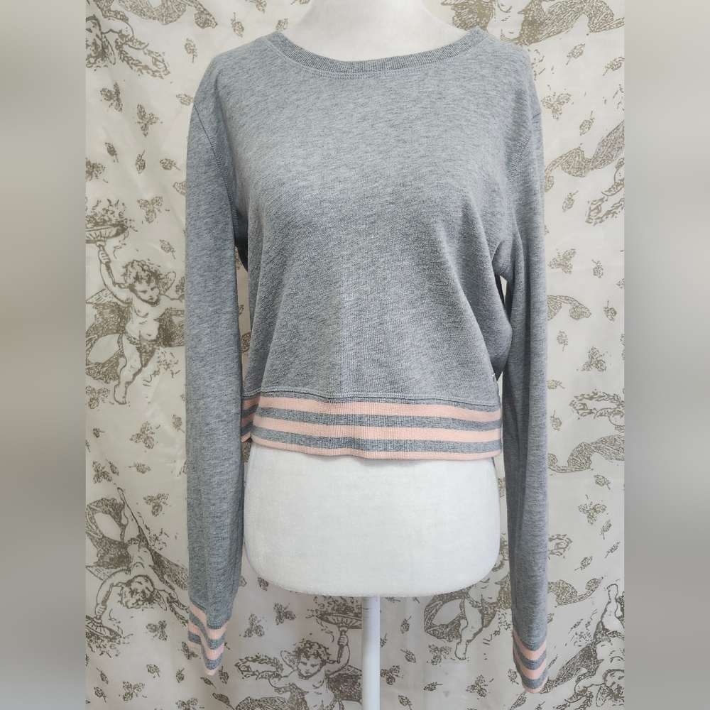 Victoria's Secret Heather Grey Crewneck Sweatshirt with Light Pink Striped Bands